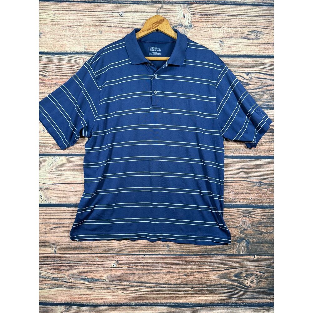PGA Tour Men's XL Navy Blue Striped Short Sleeve Golf Polo Shirt 4726